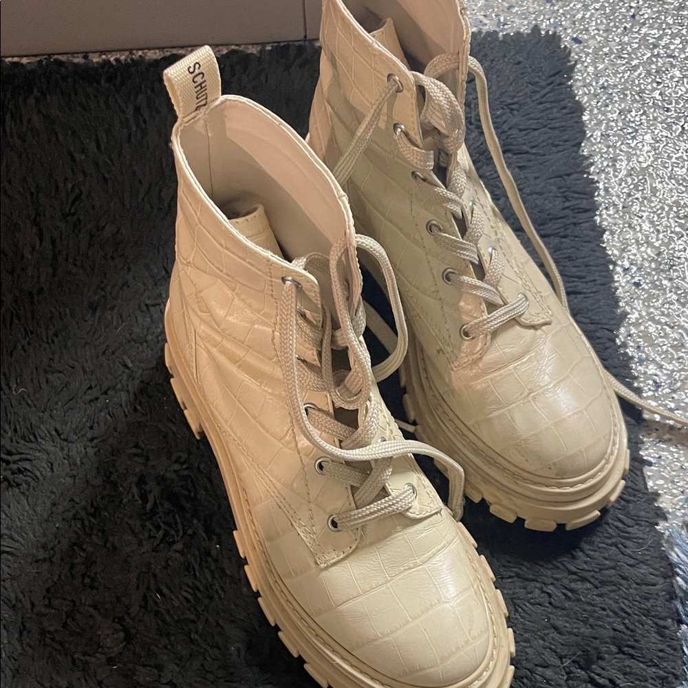 SCHUTZ Beige Croc-Embossed Combat Boots